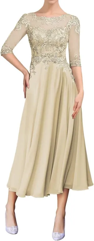 Lace Mother of The Bride Dresses Half Sleeve Chiffon Ruffle Wedding Guest Dresses for Women Scoop