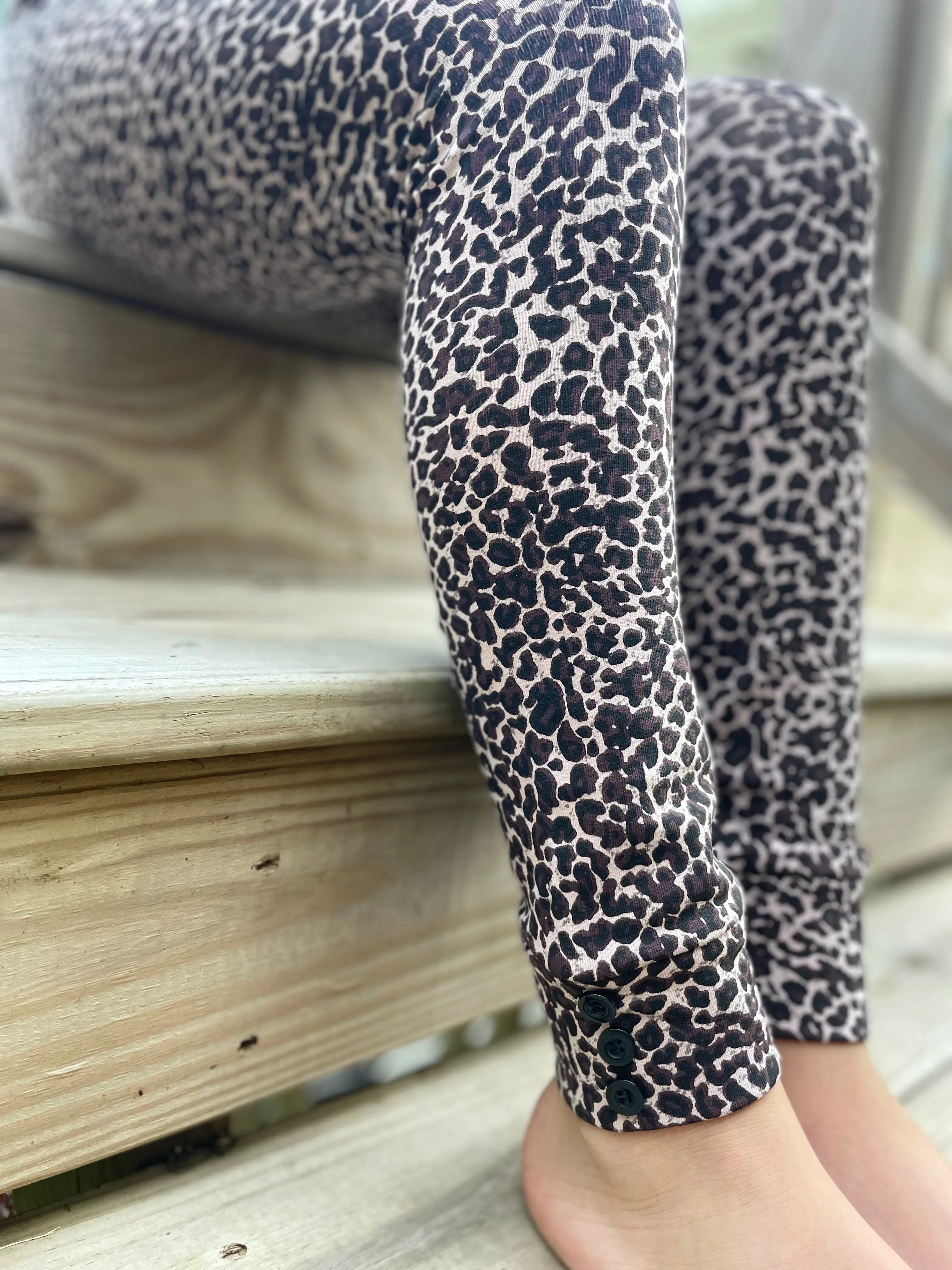 Leopard print Button Leggings - fleece lined and warm