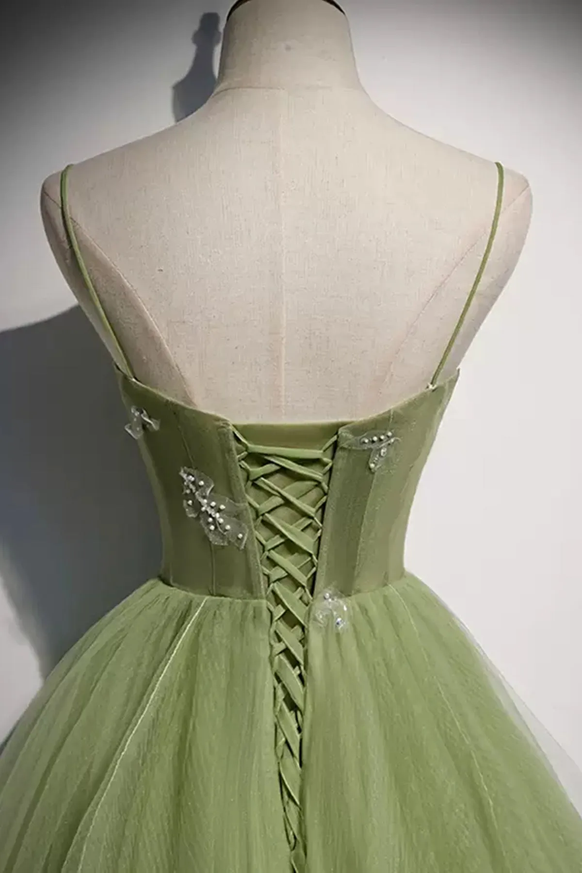 Light Green Tulle Open Back Beaded Long Prom Dresses, Light Green Formal Graduation Evening Dresses WT1240