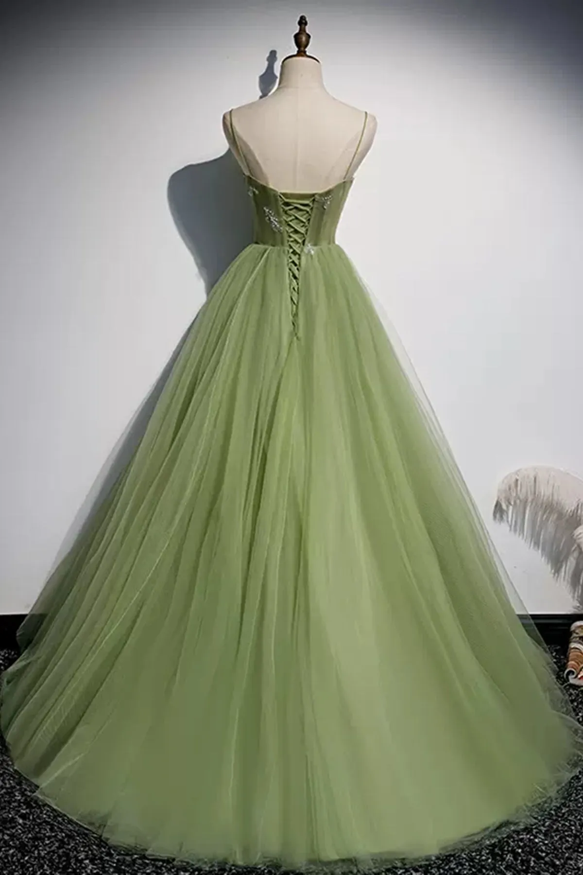 Light Green Tulle Open Back Beaded Long Prom Dresses, Light Green Formal Graduation Evening Dresses WT1240