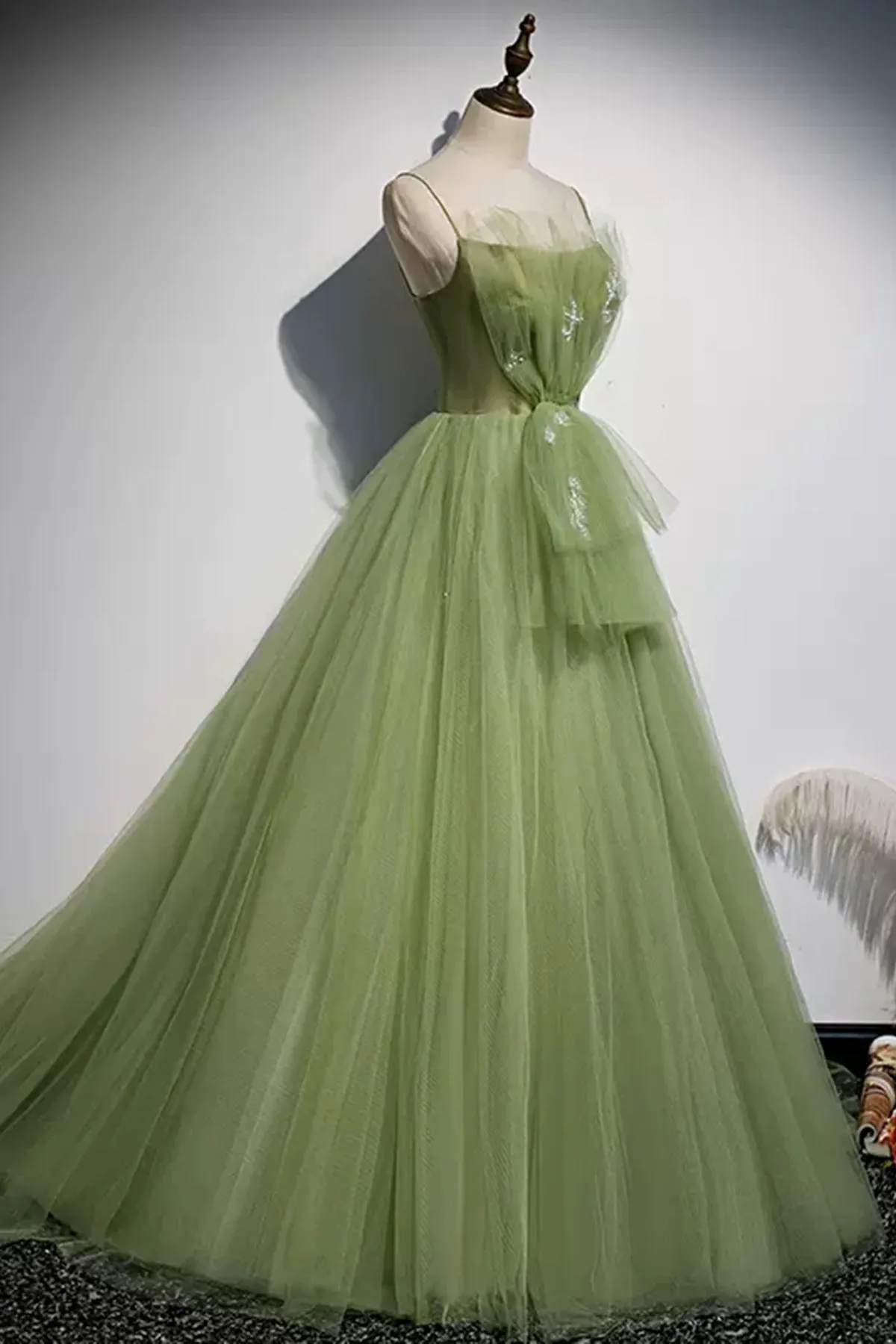 Light Green Tulle Open Back Beaded Long Prom Dresses, Light Green Formal Graduation Evening Dresses WT1240