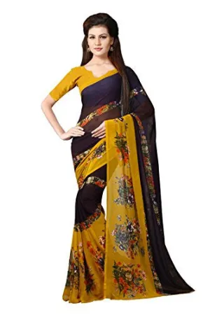 Livie Women's Georgette Sarees Party Wear/Fancy Georgette Sarees/Printed Georgette Sarees - Brunette Brown &amp; Mustard Yellow