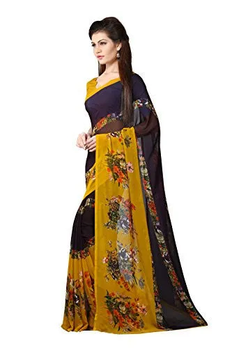 Livie Women's Georgette Sarees Party Wear/Fancy Georgette Sarees/Printed Georgette Sarees - Brunette Brown &amp; Mustard Yellow