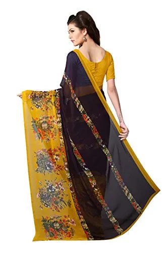 Livie Women's Georgette Sarees Party Wear/Fancy Georgette Sarees/Printed Georgette Sarees - Brunette Brown &amp; Mustard Yellow