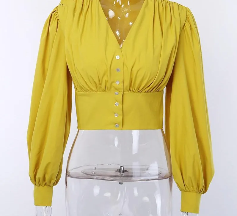 Long Puff Sleeves Buttoned Blouse
