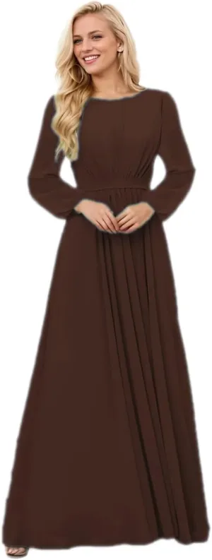 Long Sleeve Bridesmaid Dresses for Women Scoop Neck Ruched Formal Dresses for Wedding Guest Floor Length