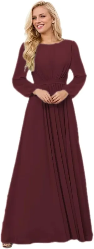 Long Sleeve Bridesmaid Dresses for Women Scoop Neck Ruched Formal Dresses for Wedding Guest Floor Length