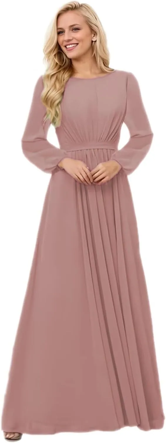 Long Sleeve Bridesmaid Dresses for Women Scoop Neck Ruched Formal Dresses for Wedding Guest Floor Length