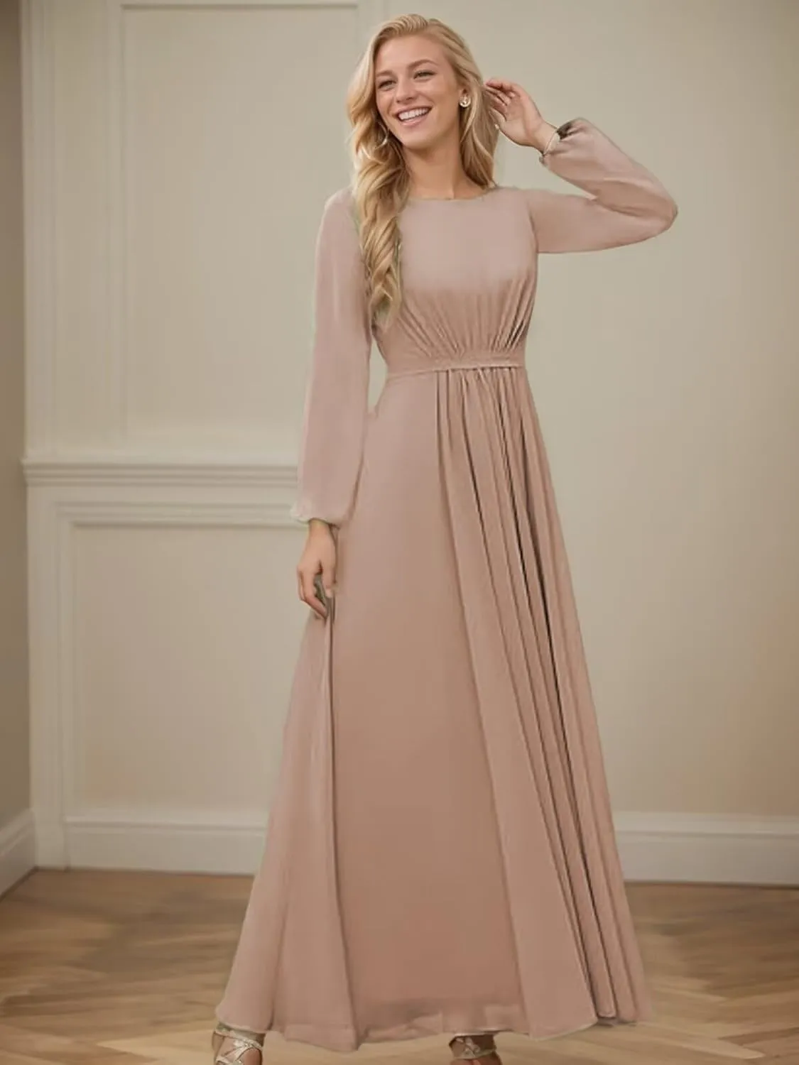 Long Sleeve Bridesmaid Dresses for Women Scoop Neck Ruched Formal Dresses for Wedding Guest Floor Length