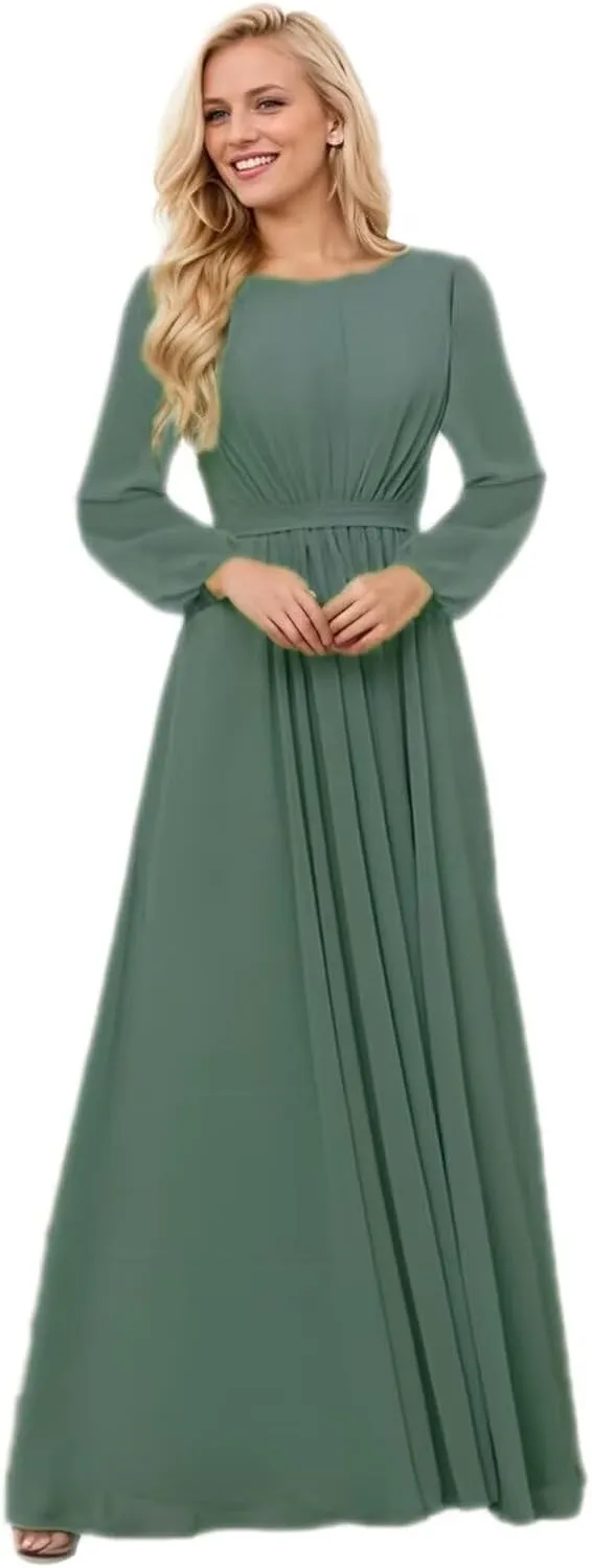 Long Sleeve Bridesmaid Dresses for Women Scoop Neck Ruched Formal Dresses for Wedding Guest Floor Length