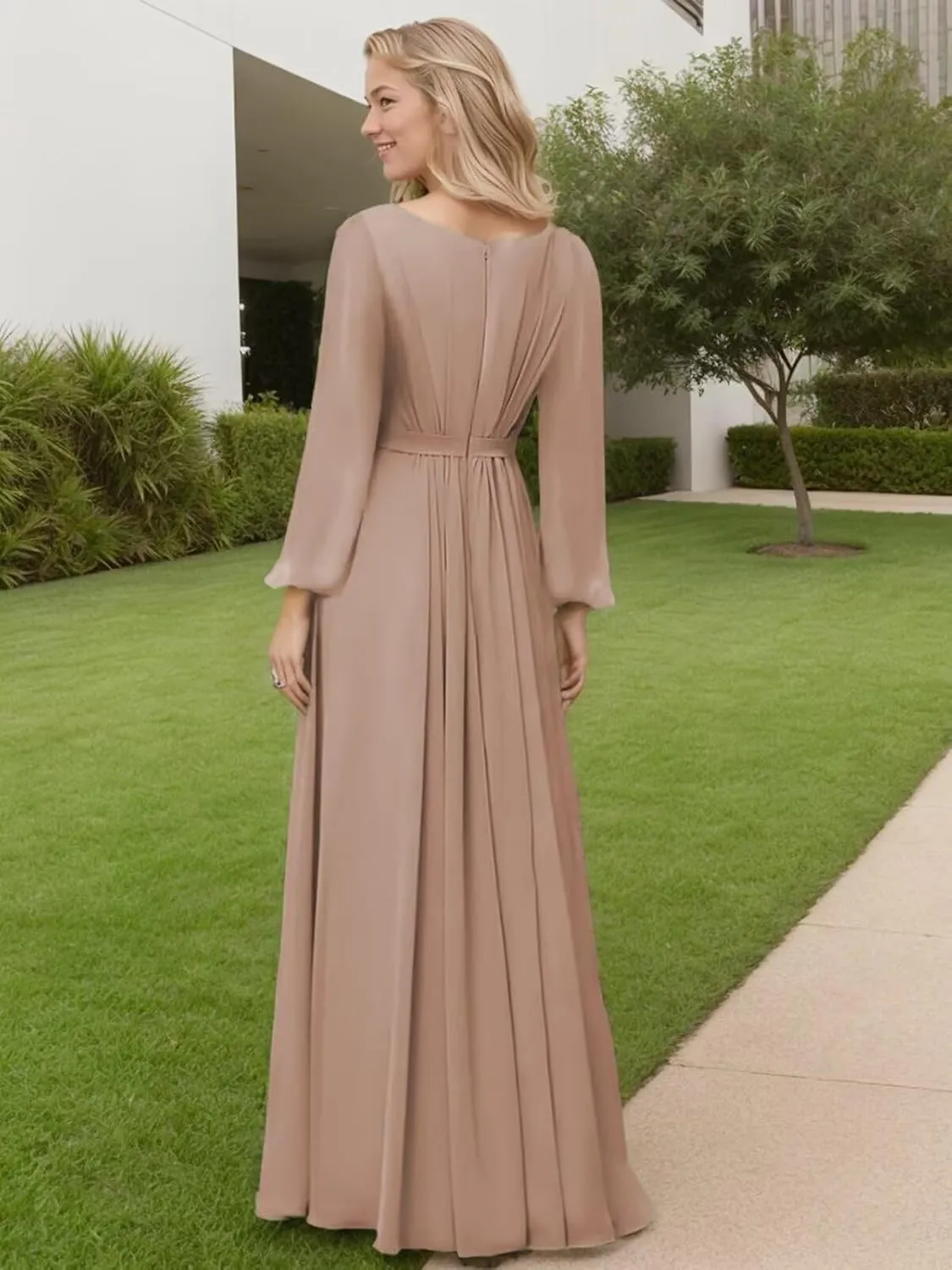 Long Sleeve Bridesmaid Dresses for Women Scoop Neck Ruched Formal Dresses for Wedding Guest Floor Length