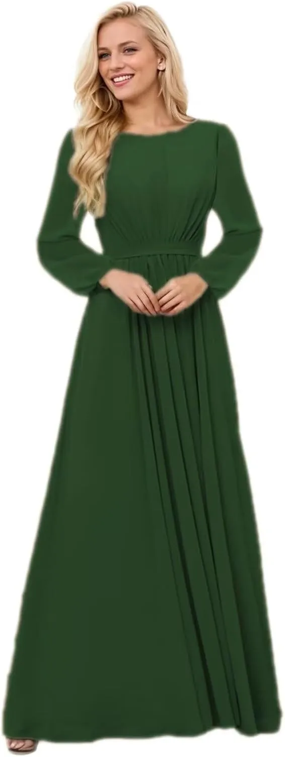 Long Sleeve Bridesmaid Dresses for Women Scoop Neck Ruched Formal Dresses for Wedding Guest Floor Length