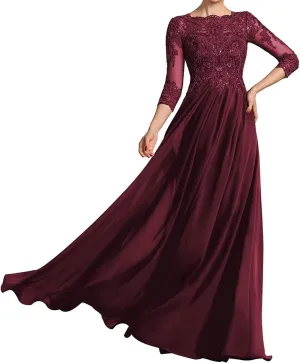 Long Sleeve Mother of The Bride Dresses Chiffon Laces Applique Wedding Formal Gowns for Mother of The Groom
