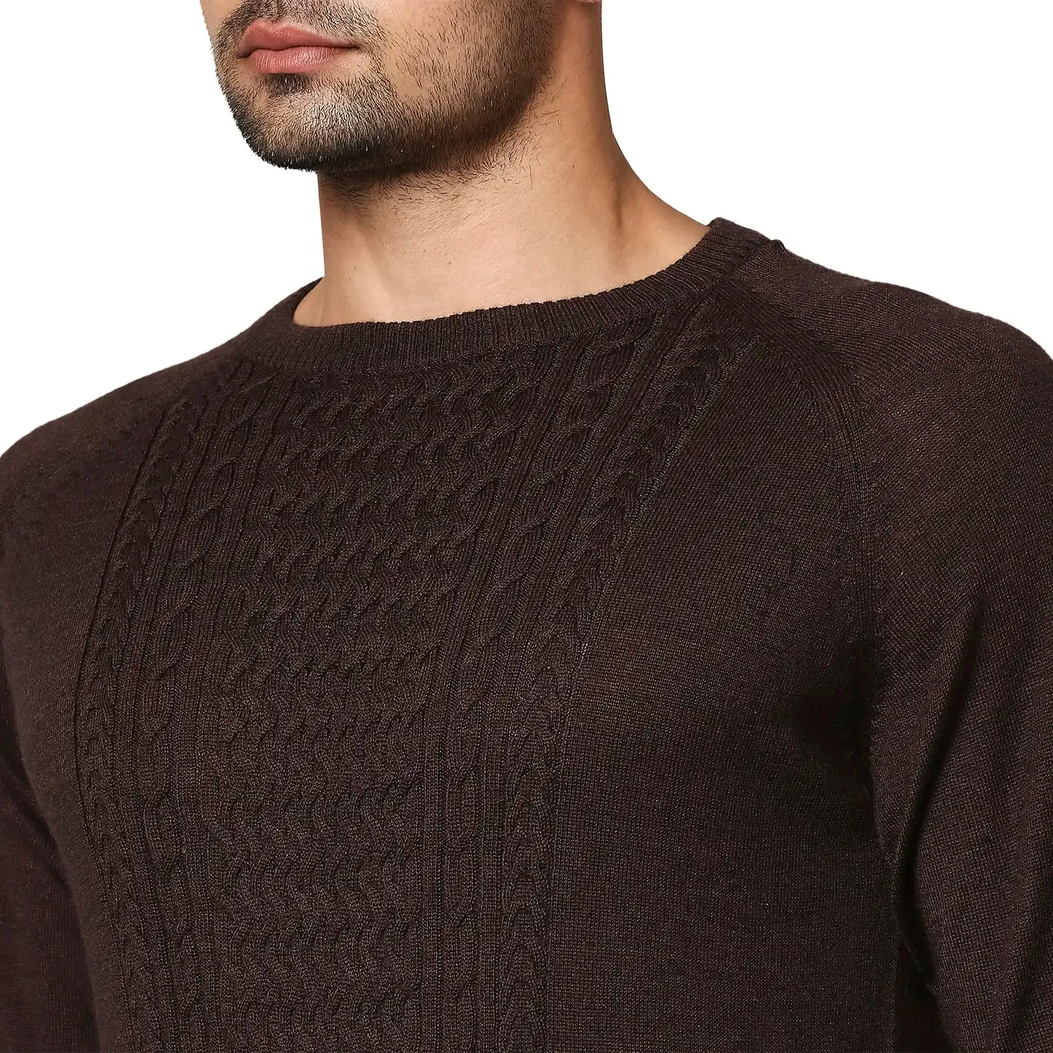 Men Brown Structure Cable Wool Blend Round Collar Sweaters