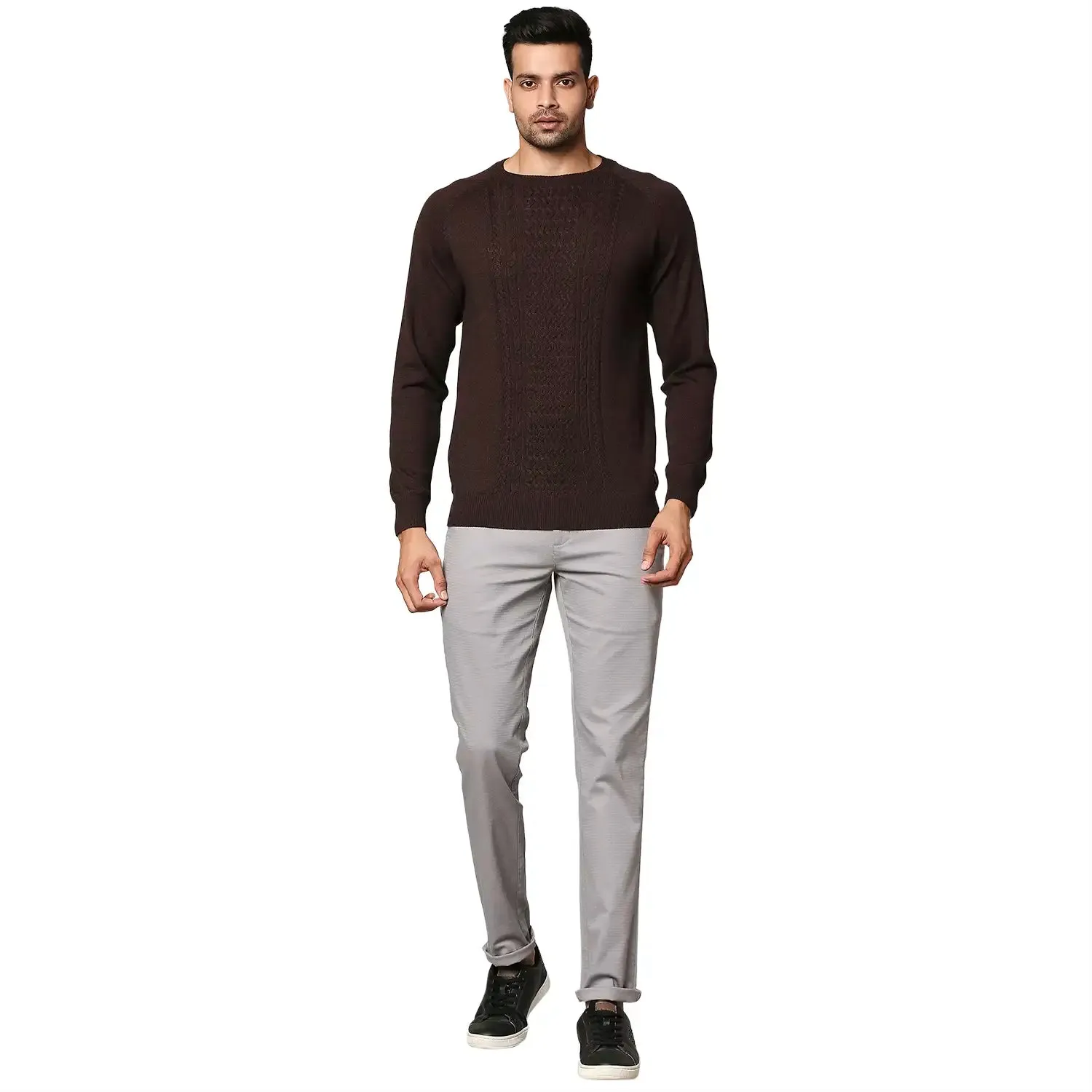 Men Brown Structure Cable Wool Blend Round Collar Sweaters