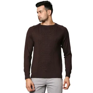 Men Brown Structure Cable Wool Blend Round Collar Sweaters