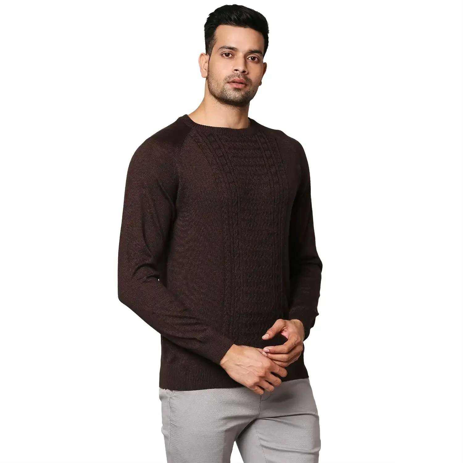 Men Brown Structure Cable Wool Blend Round Collar Sweaters