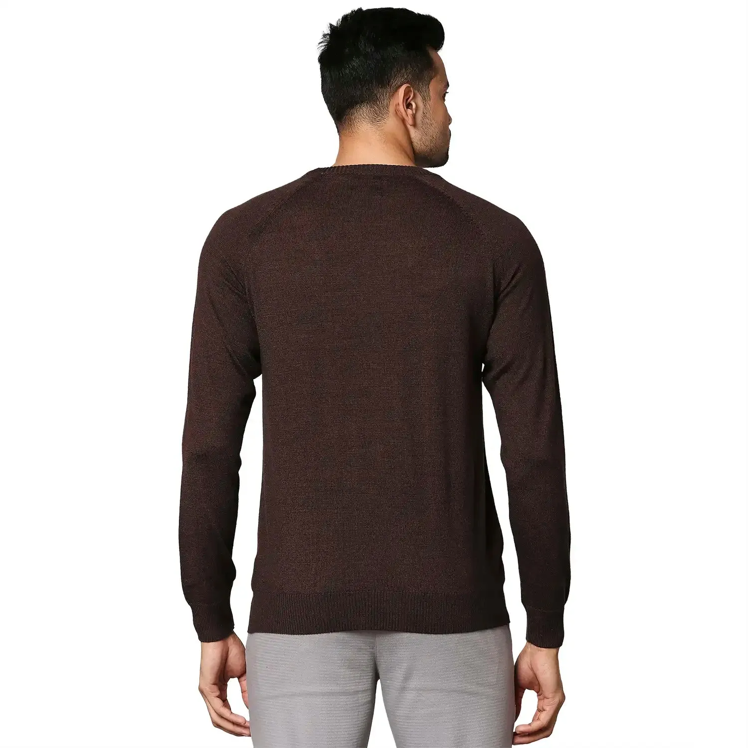 Men Brown Structure Cable Wool Blend Round Collar Sweaters
