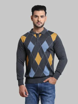 Men Grey Tailored Fit Jacquard Wool Blend Full Sleeve Sweaters