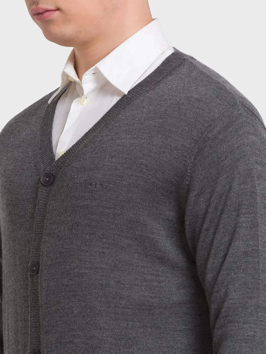 Men Grey Tailored Fit Solid Merino Wool Acrylic Blend Full Sleeve V Neck Collar Sweaters