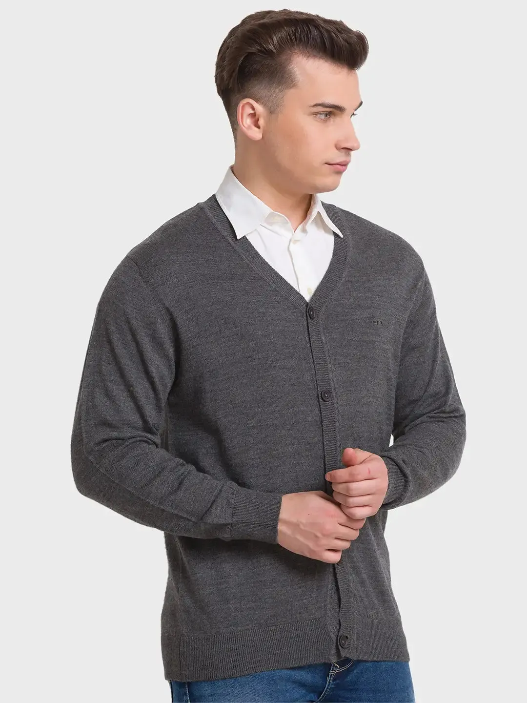 Men Grey Tailored Fit Solid Merino Wool Acrylic Blend Full Sleeve V Neck Collar Sweaters