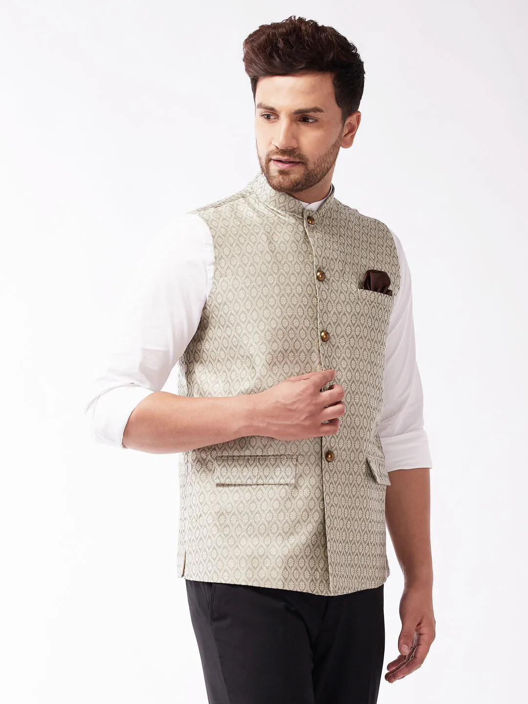 Men's Grey Silk Blend Nehru Jackets - Vastramay