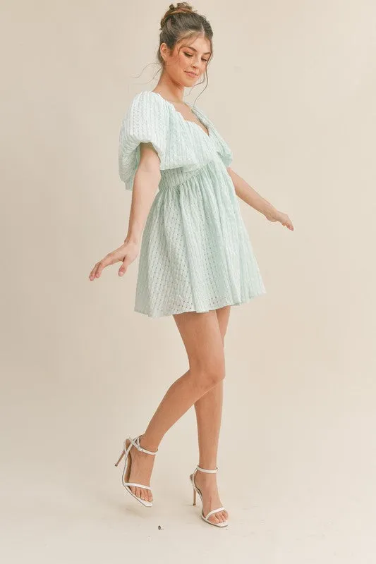Mint Sweetheart Neckline Puff Sleeve A-Line Dress