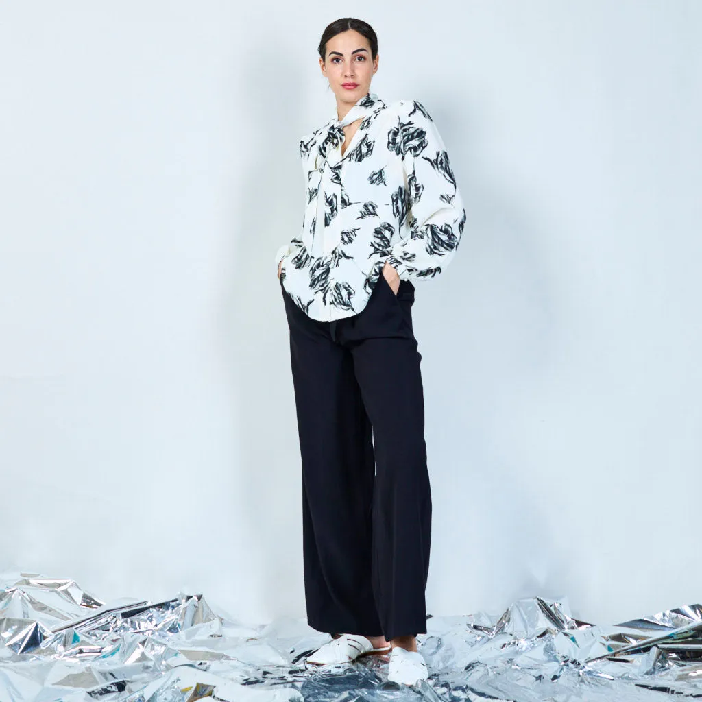 Monochrome leaf print tie-neck blouse wholesale