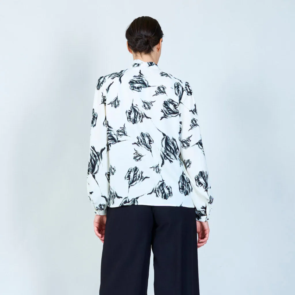 Monochrome leaf print tie-neck blouse wholesale