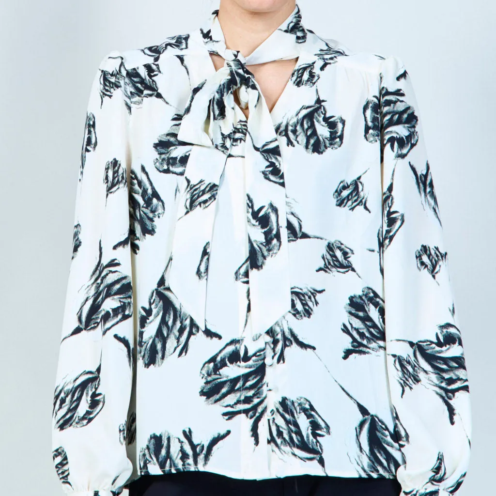 Monochrome leaf print tie-neck blouse wholesale