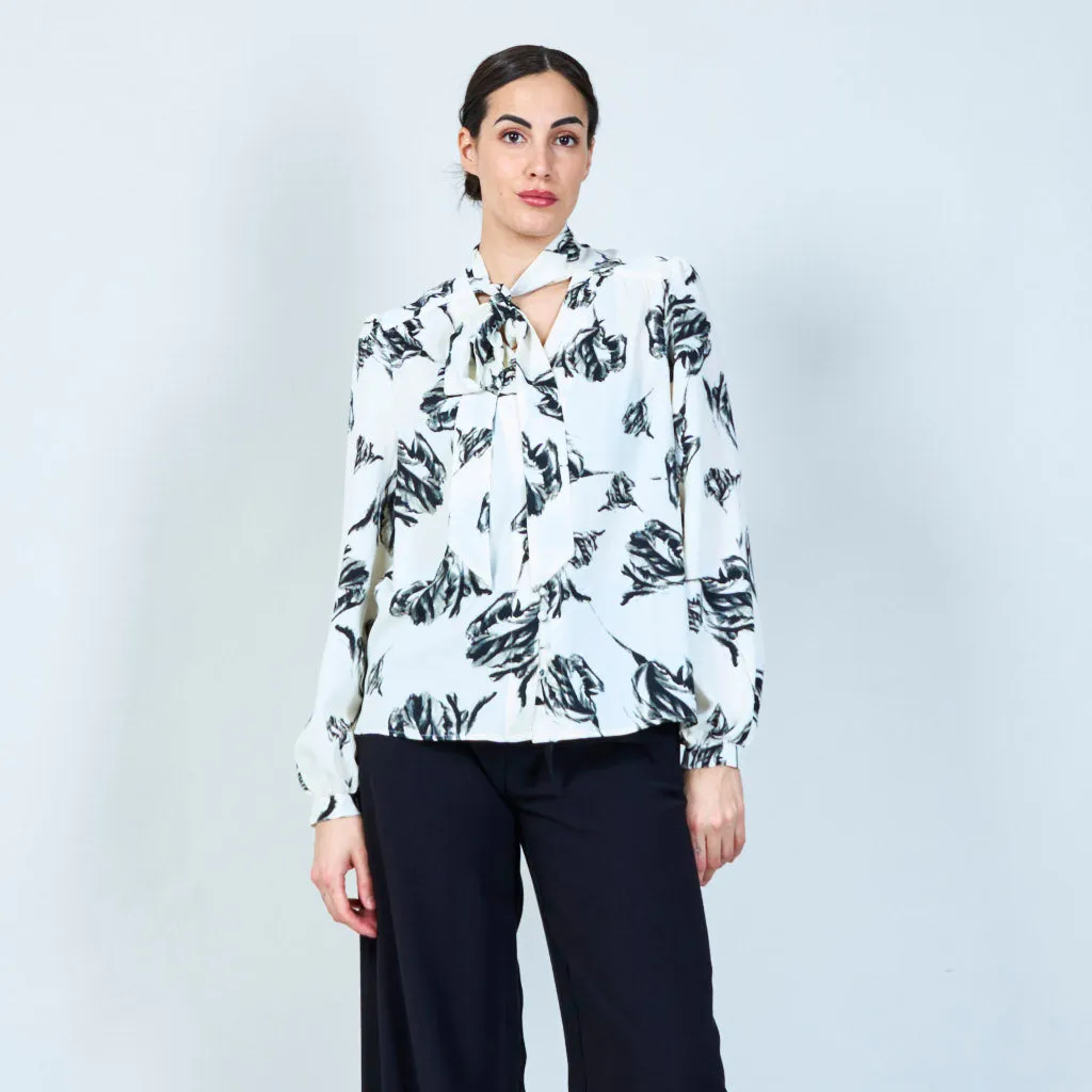 Monochrome leaf print tie-neck blouse wholesale
