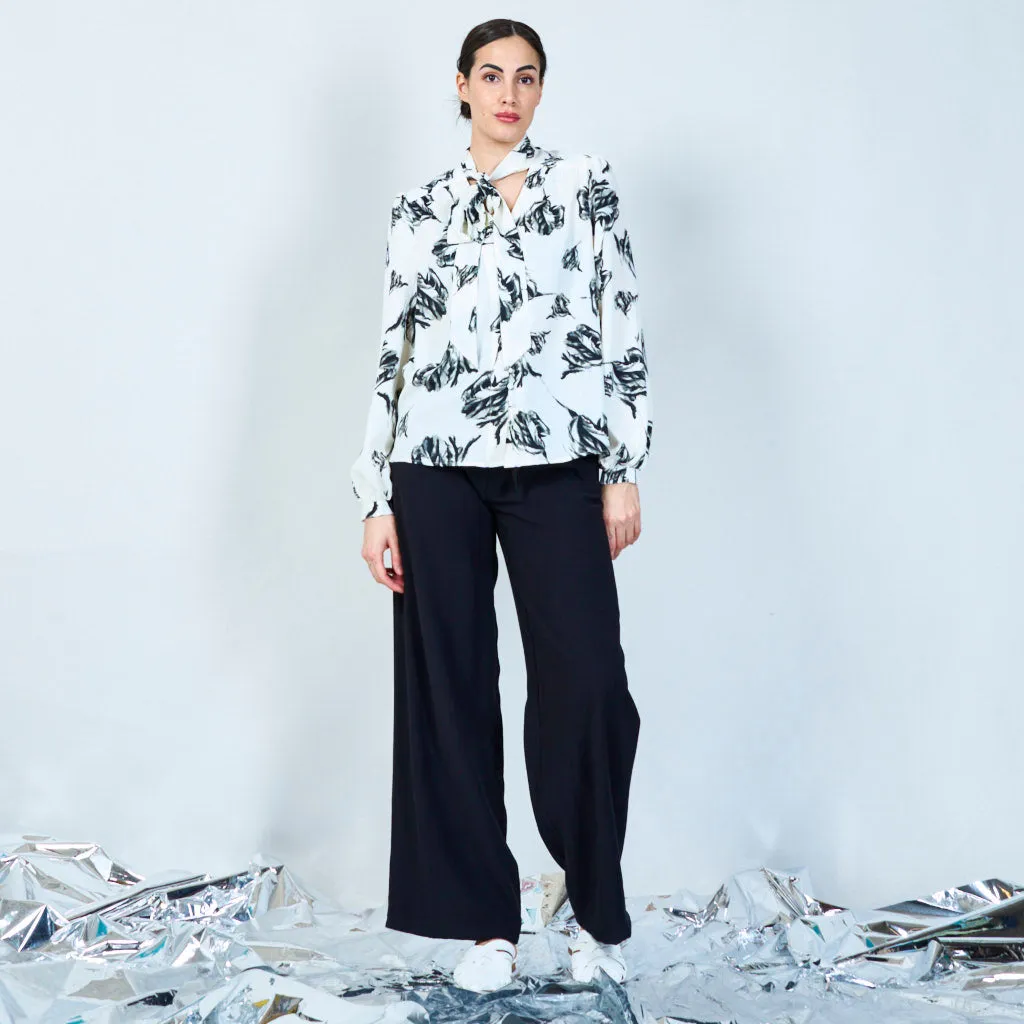 Monochrome leaf print tie-neck blouse wholesale