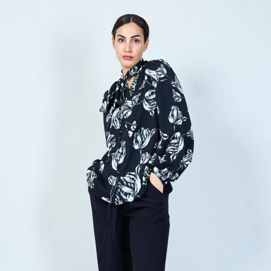 Monochrome leaf print tie-neck blouse wholesale