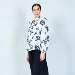 Monochrome leaf print tie-neck blouse wholesale