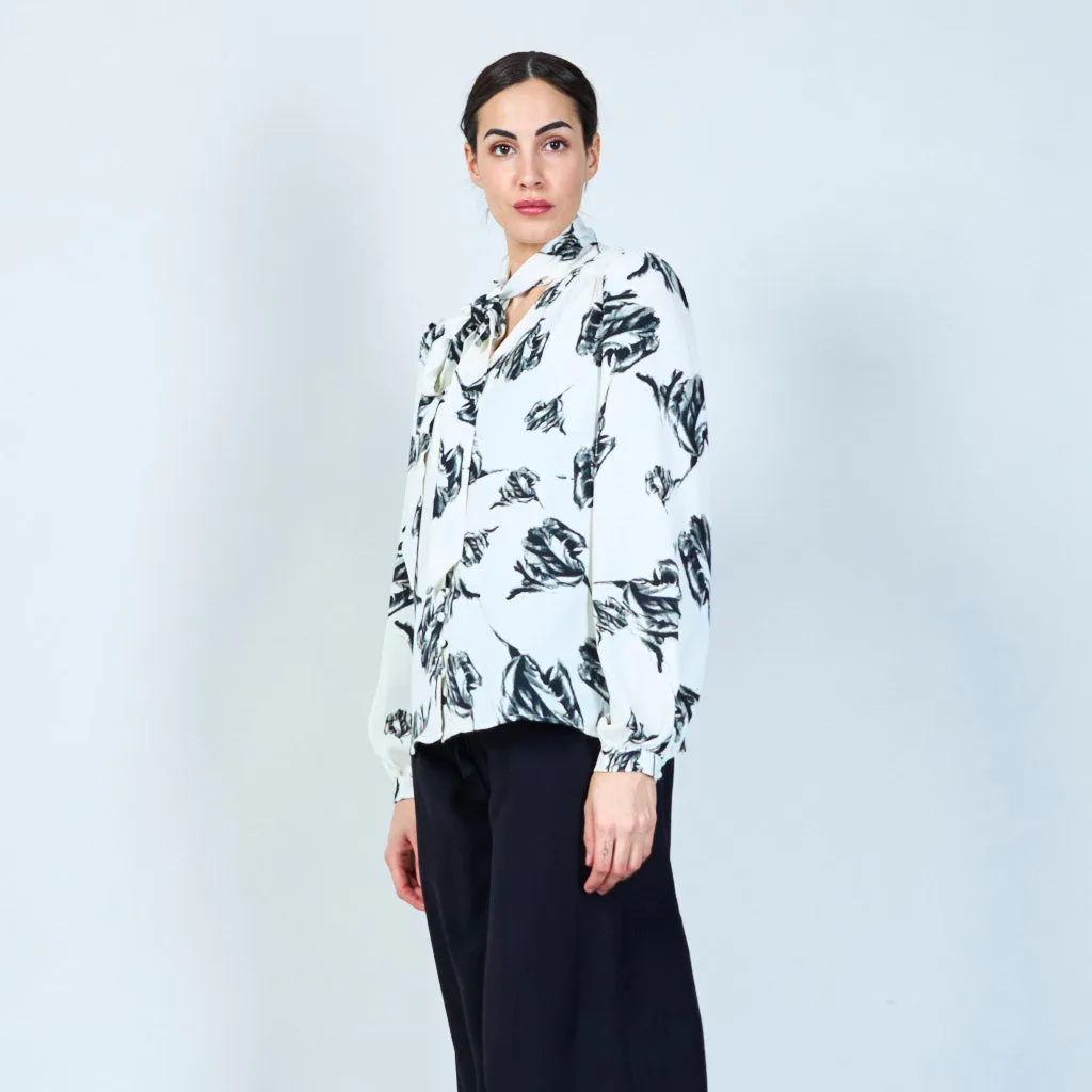 Monochrome leaf print tie-neck blouse wholesale