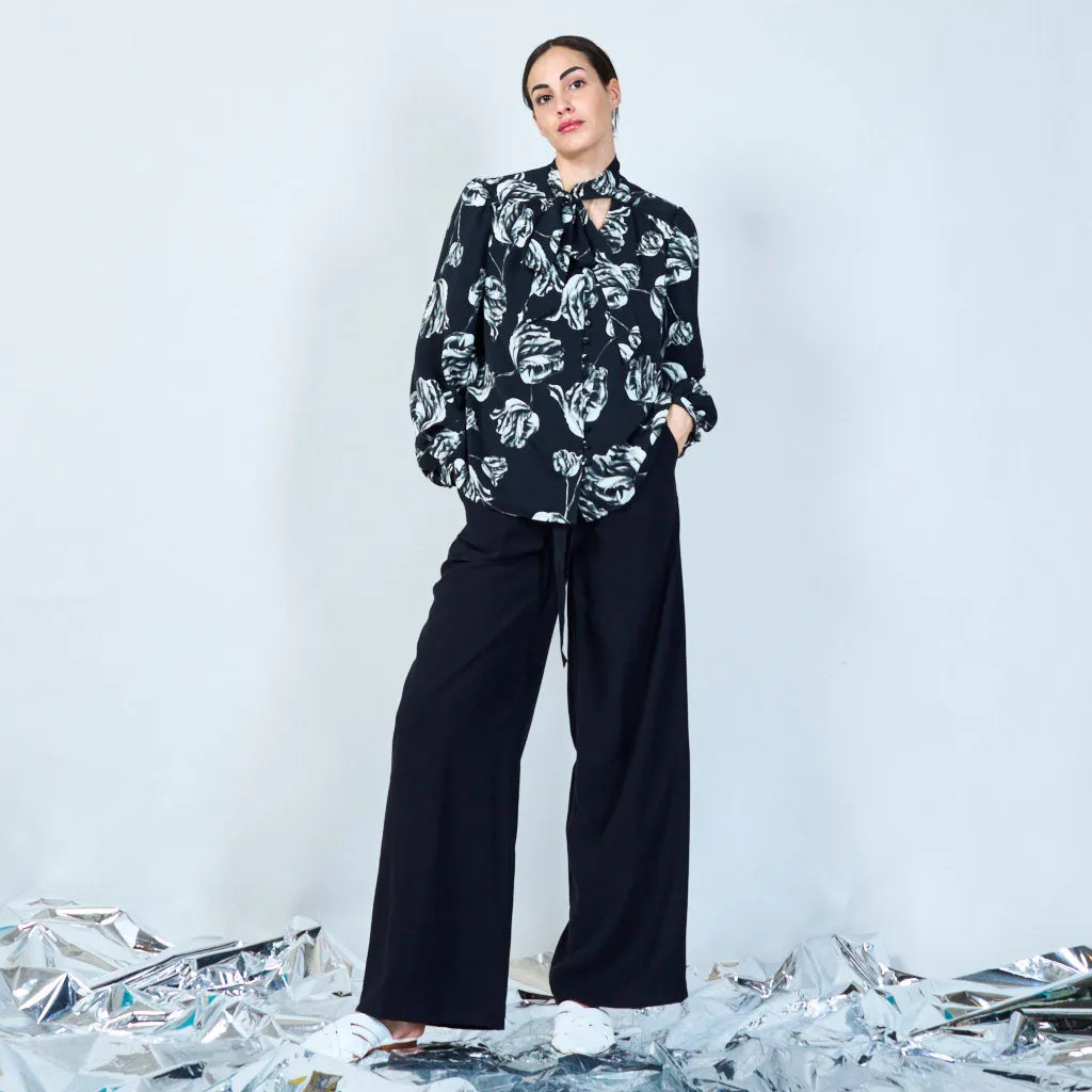 Monochrome leaf print tie-neck blouse wholesale