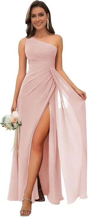 One Shoulder Bridesmaid Dresses for Wedding Chiffon Long Ruched Prom Formal Gown with Slit ZW09