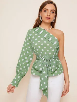 One Shoulder Pleated Detail Self Belted Polka Dot Top