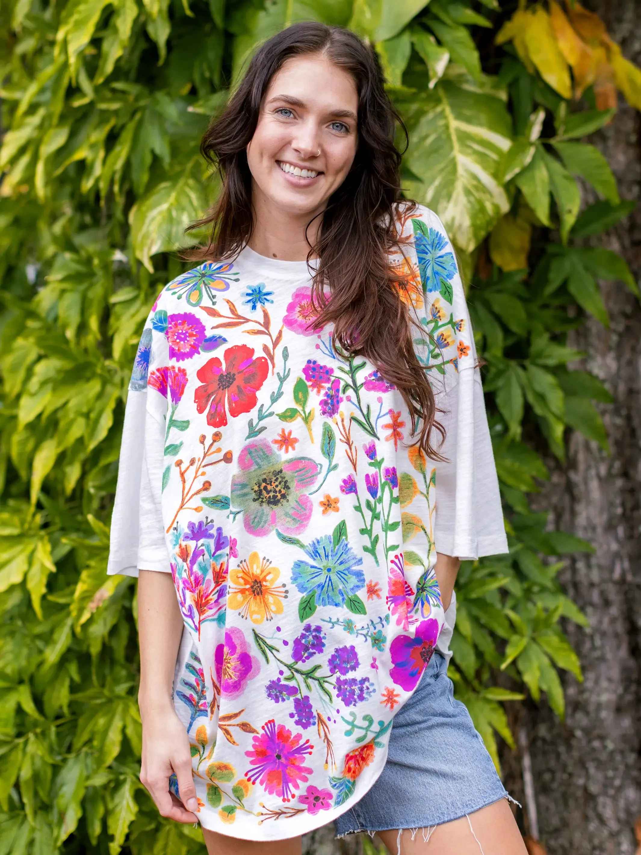 One Size Cotton Easy Tee - Rainbow Garden White