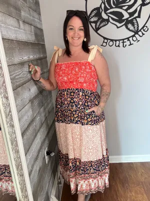 Orange navy floral smocked woven maxi dress