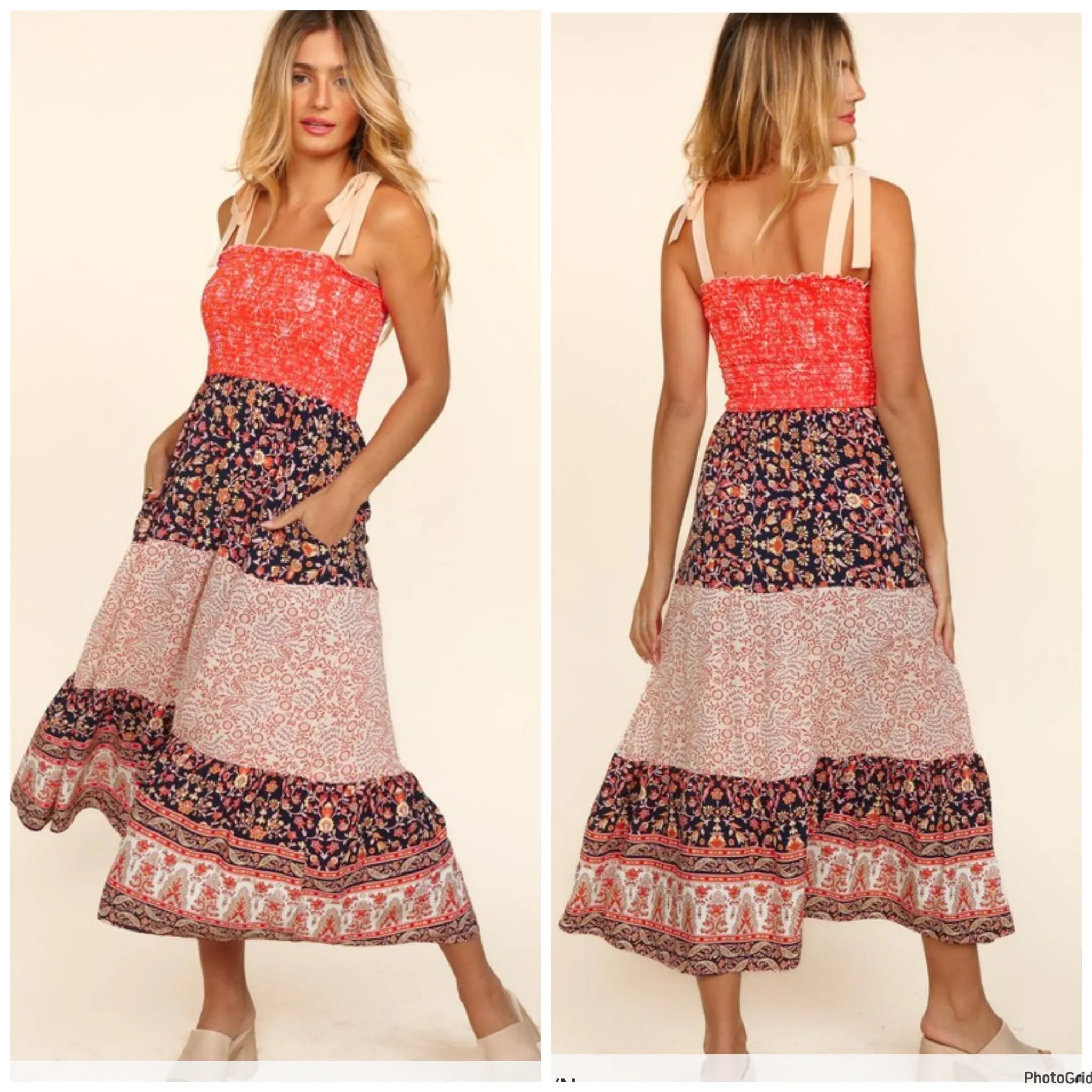 Orange navy floral smocked woven maxi dress