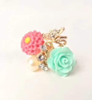 Party Wear Pink & Light Green Adjustable Ring