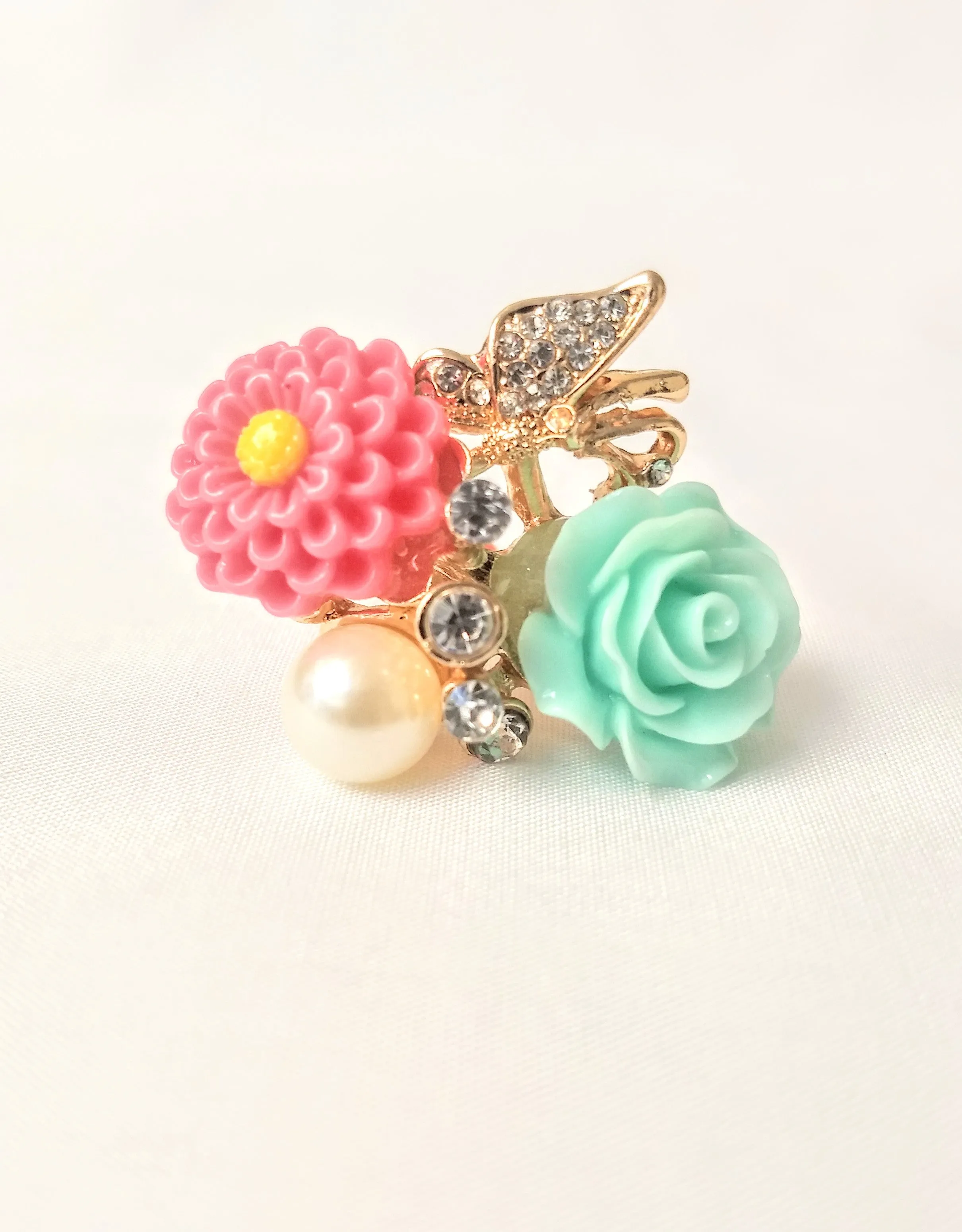 Party Wear Pink & Light Green Adjustable Ring
