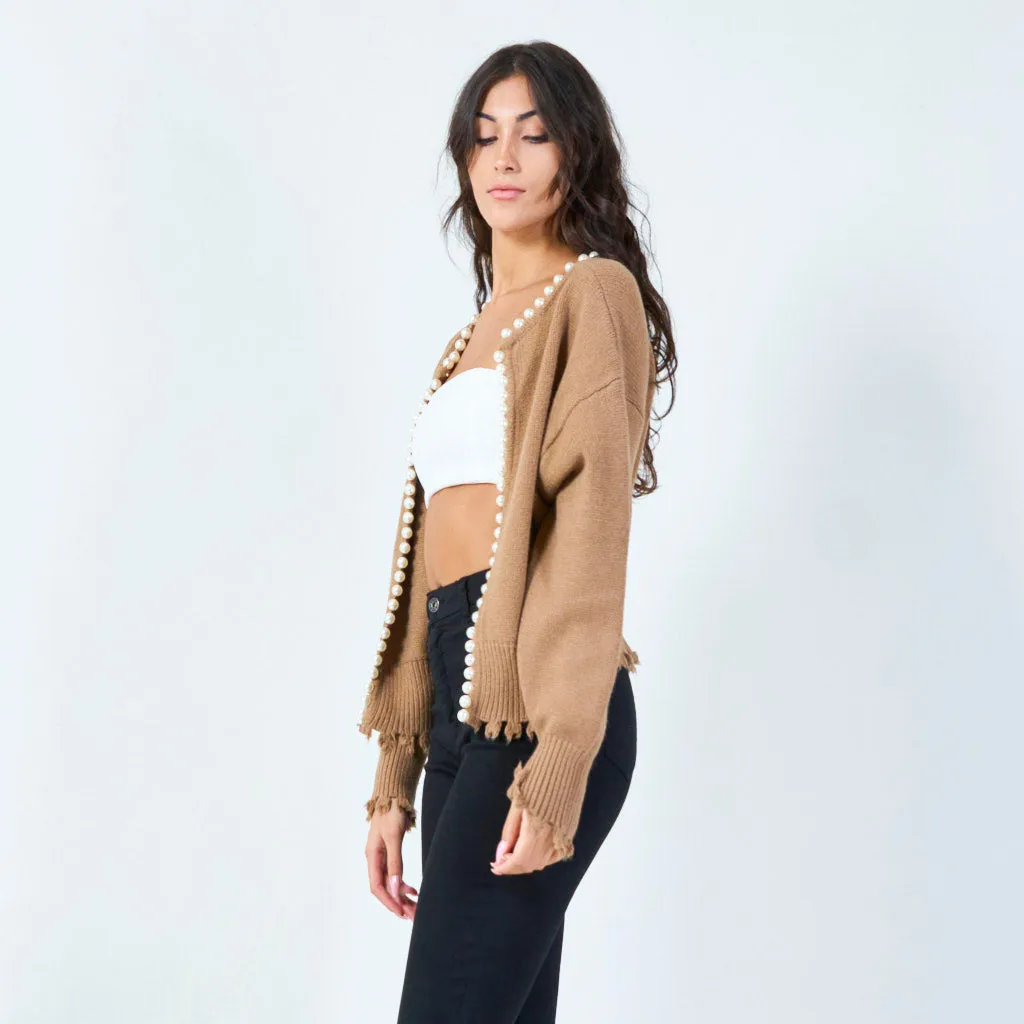 Pearl-trimmed cardigan with distressed edges wholesale