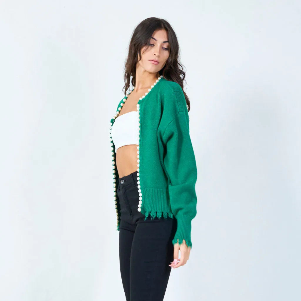 Pearl-trimmed cardigan with distressed edges wholesale
