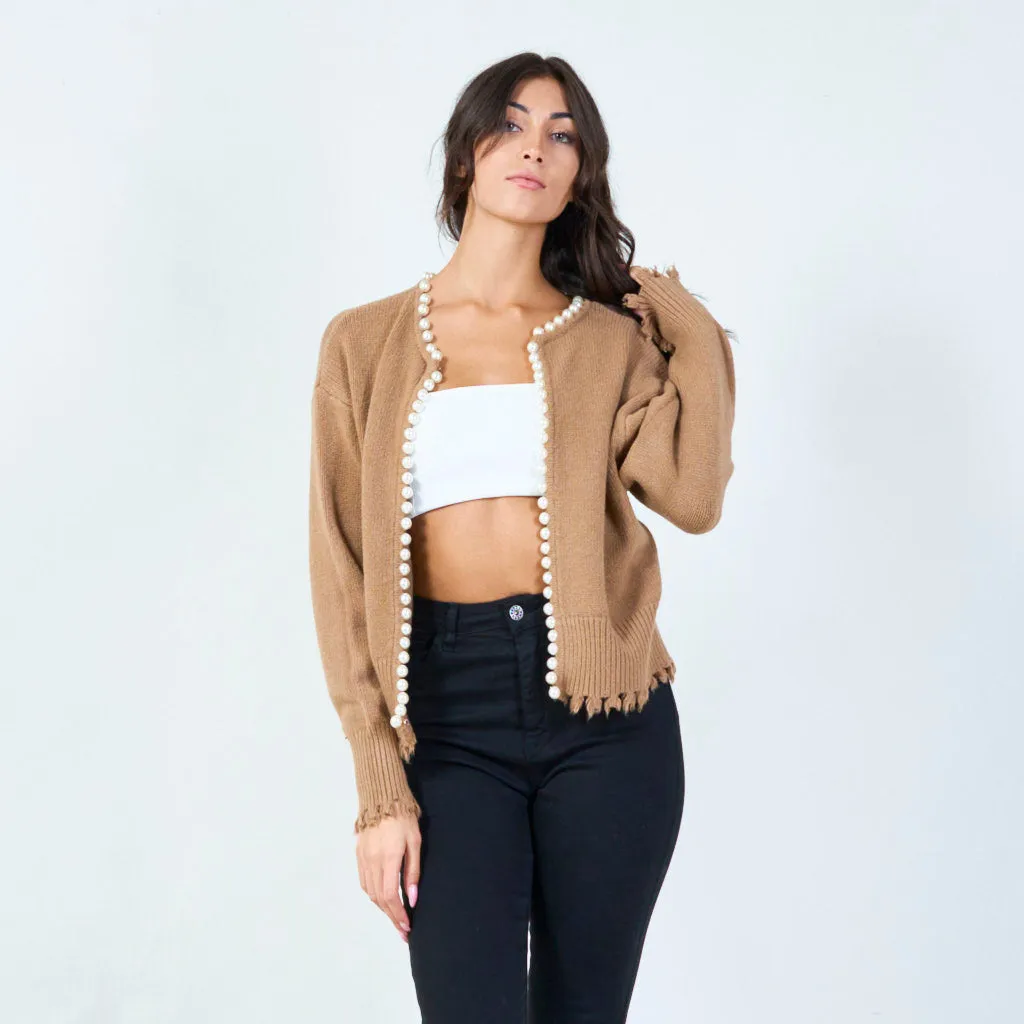 Pearl-trimmed cardigan with distressed edges wholesale
