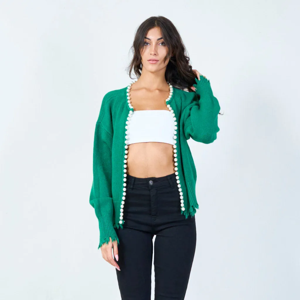 Pearl-trimmed cardigan with distressed edges wholesale