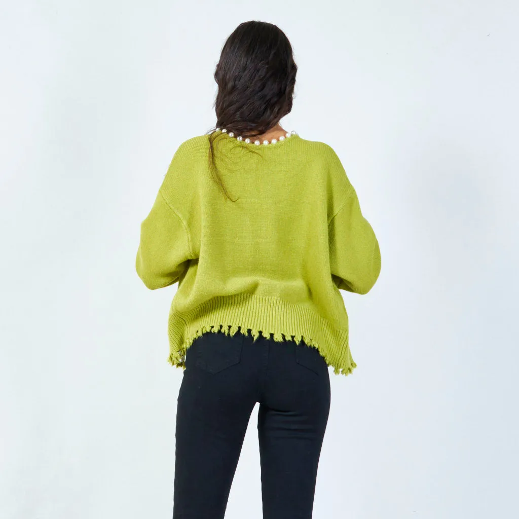 Pearl-trimmed cardigan with distressed edges wholesale
