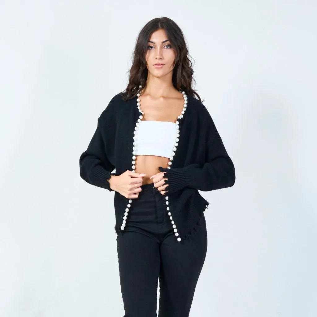Pearl-trimmed cardigan with distressed edges wholesale