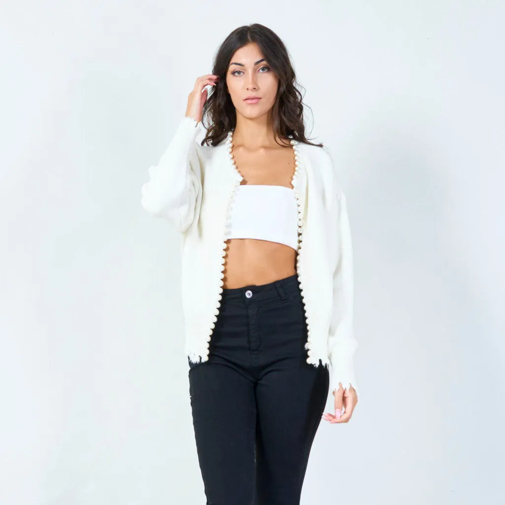 Pearl-trimmed cardigan with distressed edges wholesale